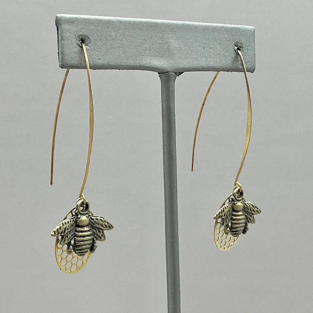 Earrings Women Gold Honey Bee Honeycomb Long Kidney Wire Dangle Drop 2.25 Inch